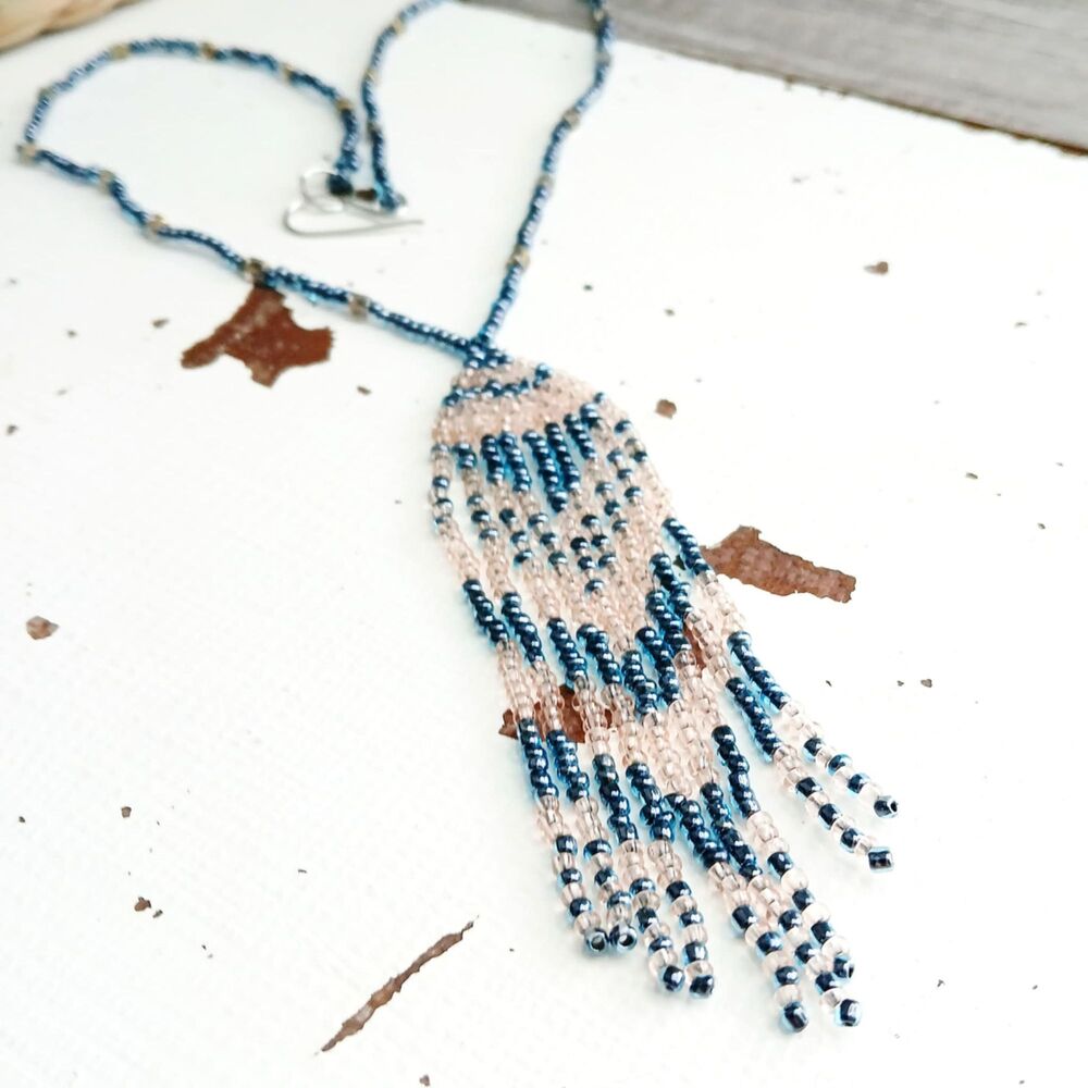 Beaded Fringe Necklace, Blue & Pink Seed Bead Jewelry, 16"